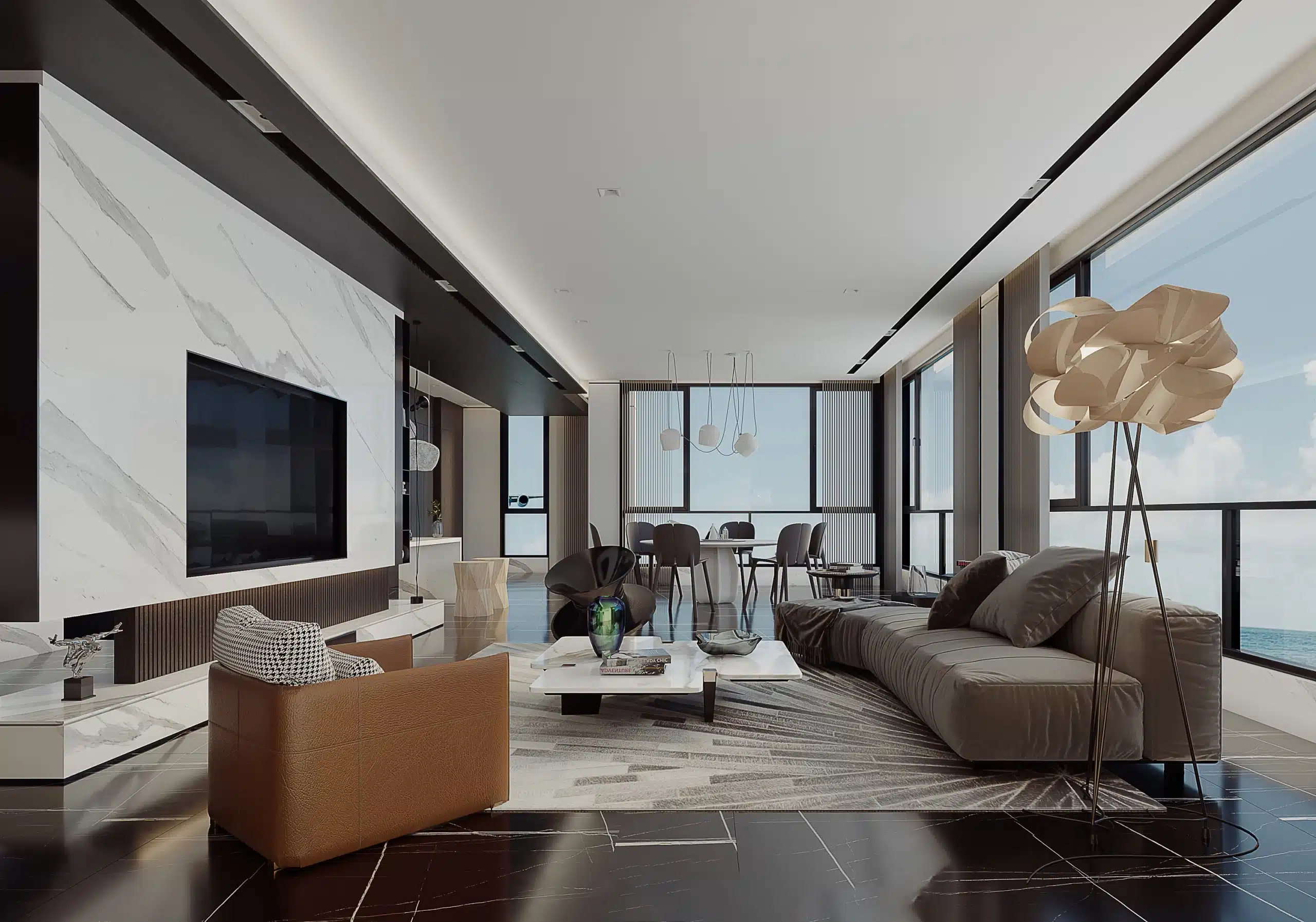 現代簡約風客廳設計,採用白色大理石電視牆搭配深灰色義大利皮沙發與極簡金屬茶几。