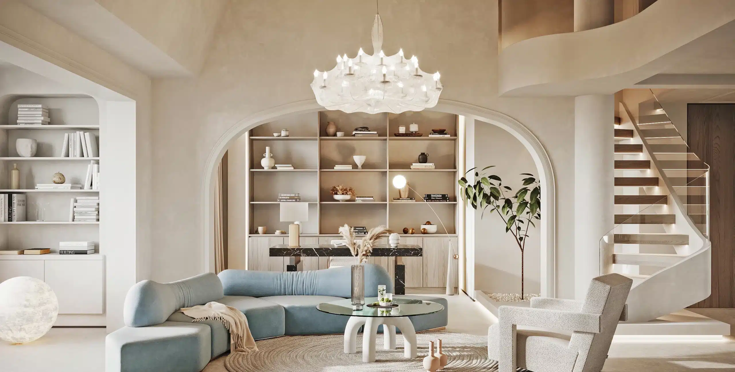 現代風格懸浮樓梯設計,踏階如同飄浮空中,搭配玻璃扶手讓光線完美穿透,放大室內空間感。