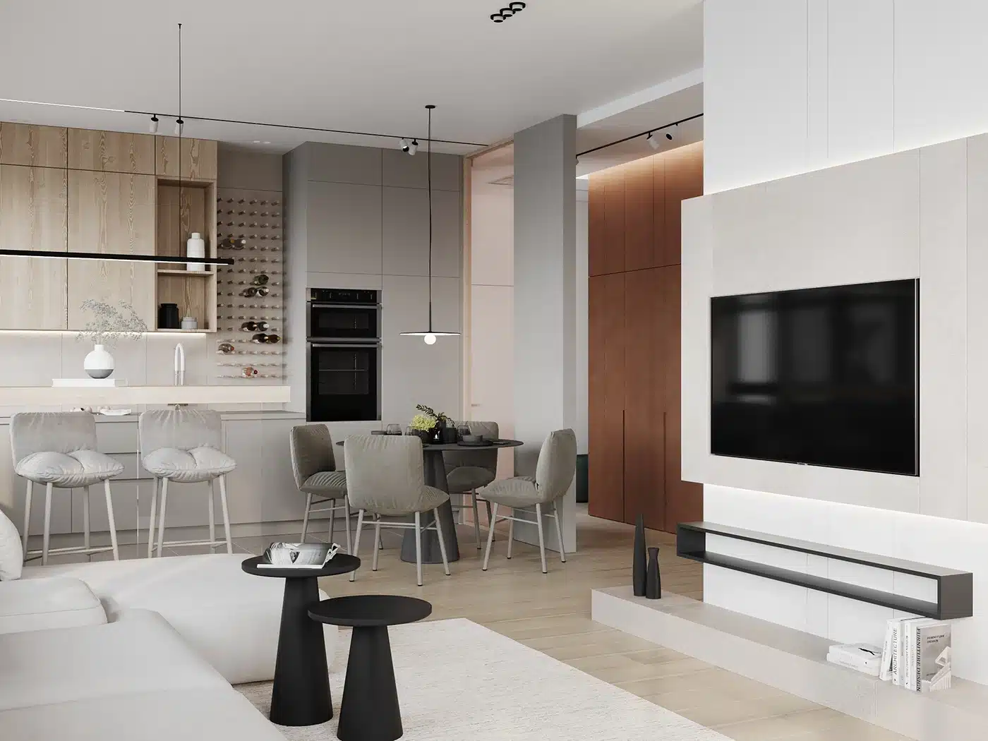 淺灰與米白色調客廳實拍，搭配間接照明與軌道燈營造的明亮空間深度。