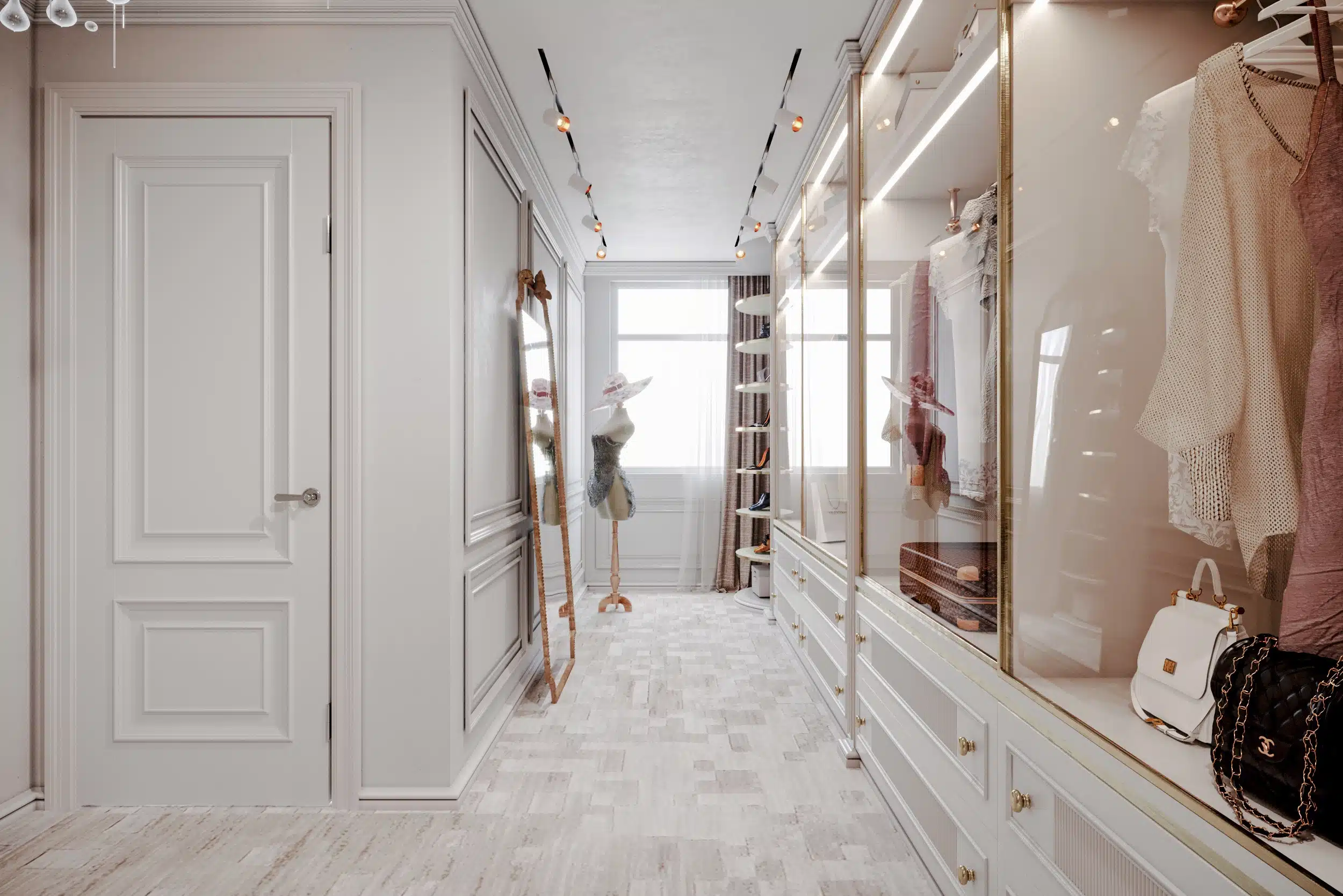 精品步入式更衣間搭配通透玻璃櫃體與情境照明細節