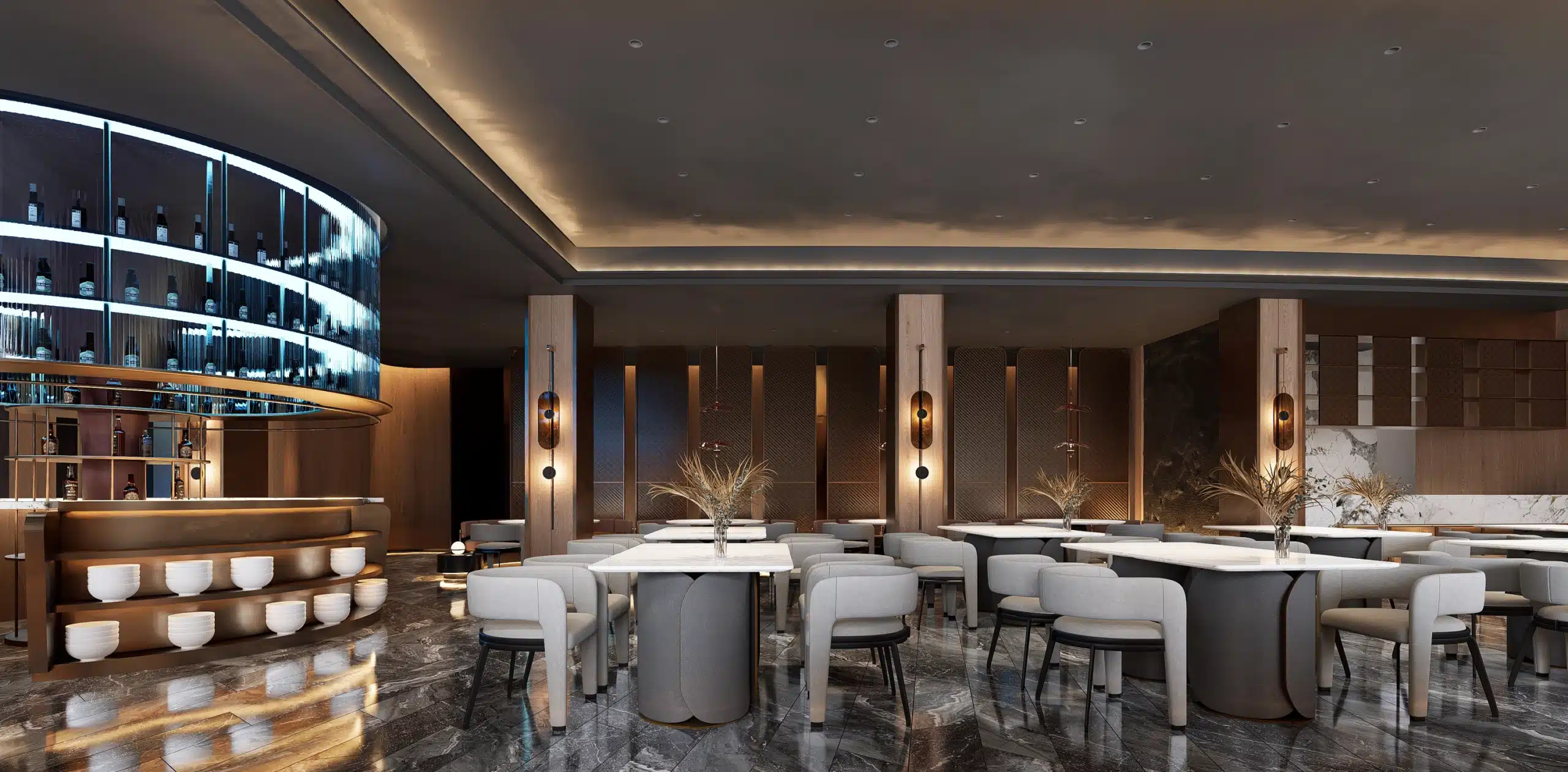 精品飯店大廳空間設計，透過光影佈局與藝術裝置建立獨特的品牌敘事與第一印象