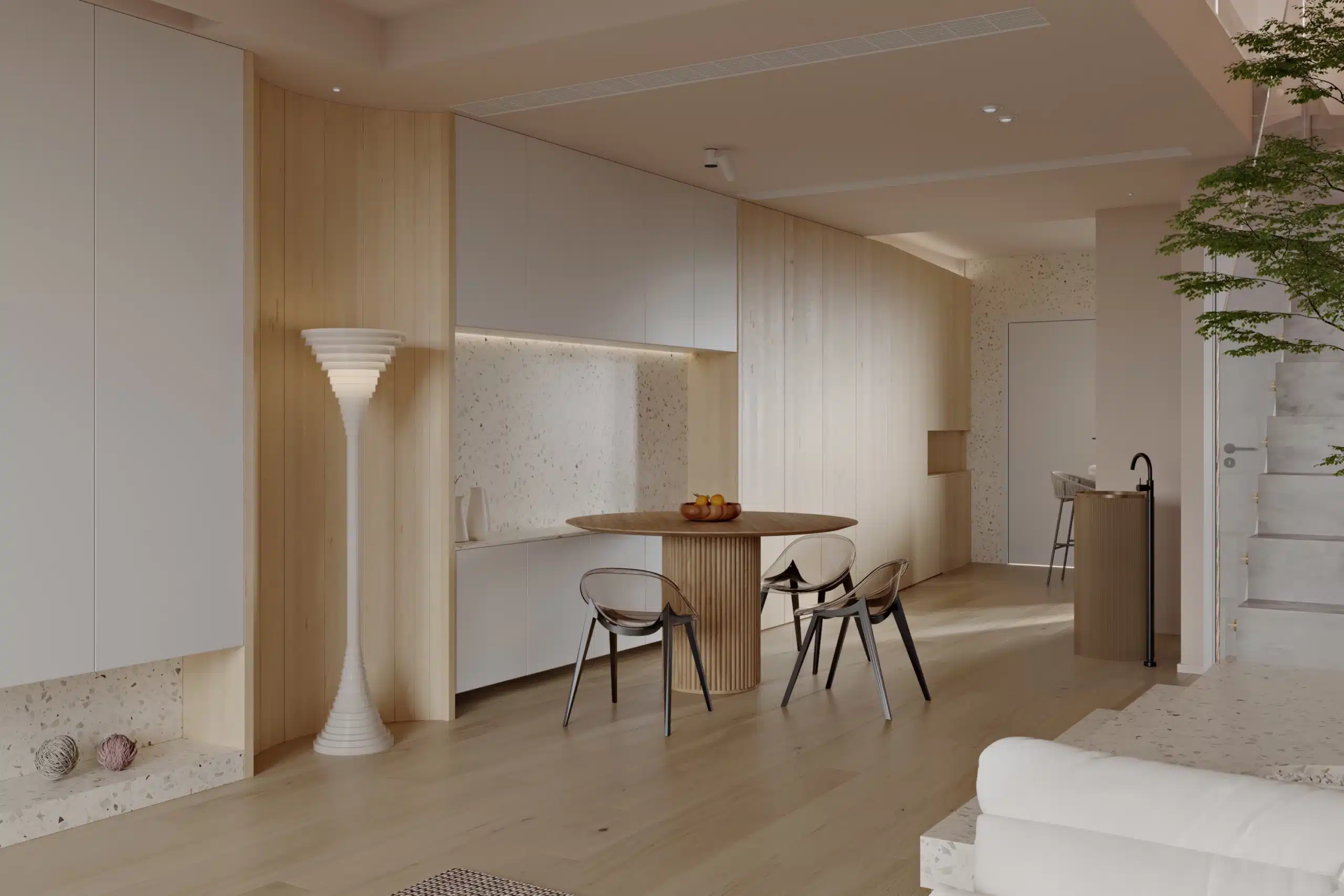 無印風裝潢建材選用細節，展示超耐磨地板與質感塗料牆面的搭配建議