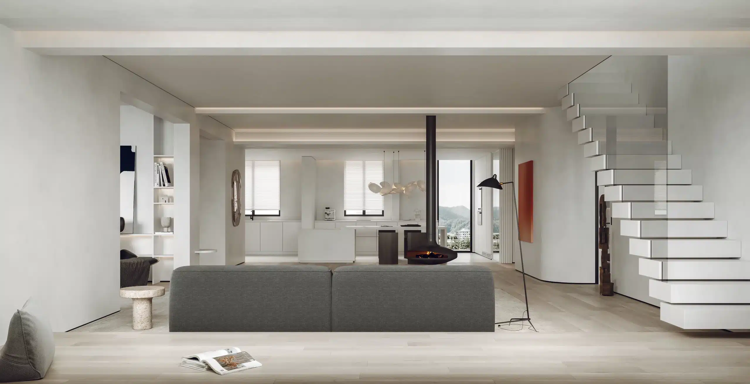 開放式 LDK 格局設計,結合異材質混搭與俐落線條的簡約客廳全景。