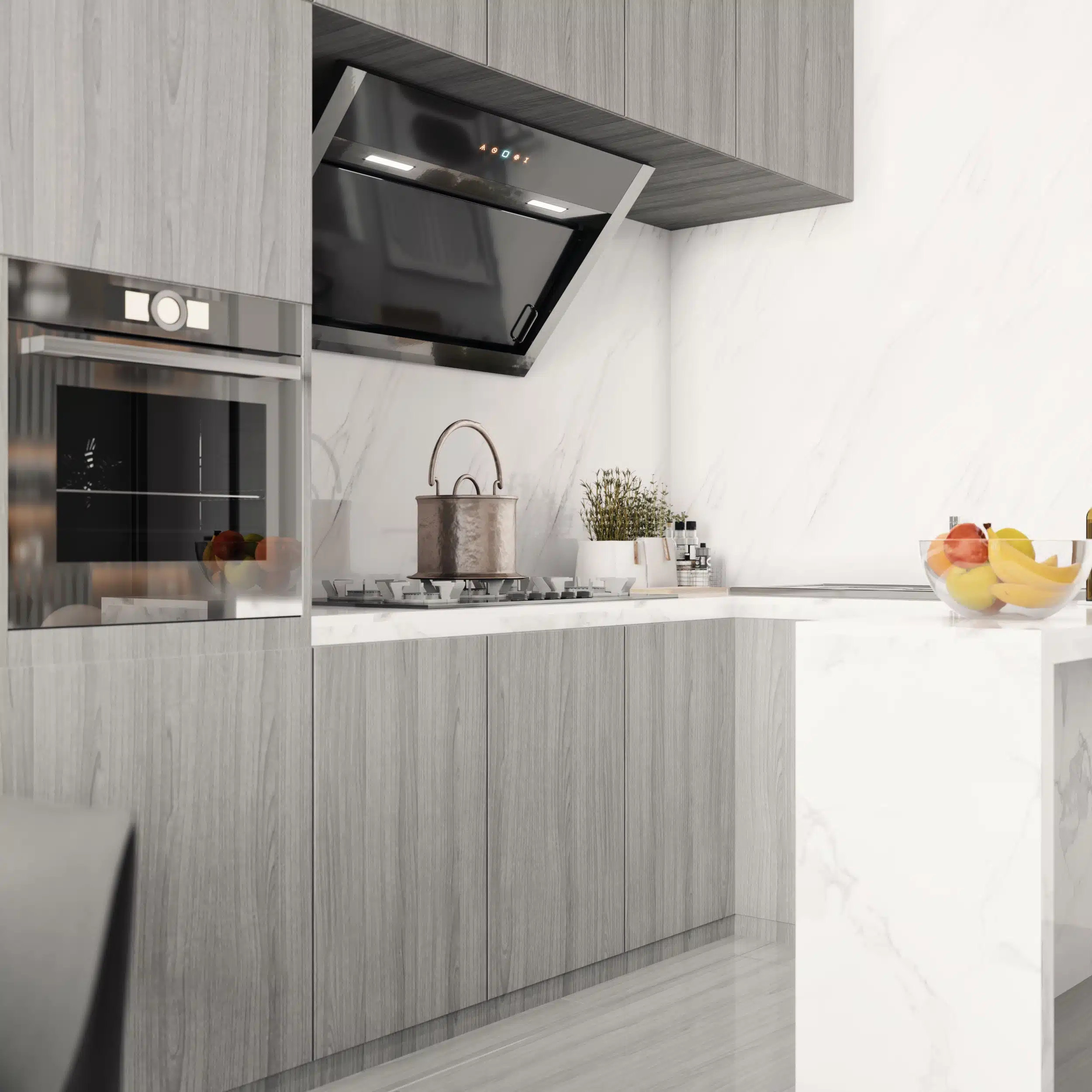 現代簡約風廚房空間，展示隱藏式家電櫃位，透過平整的立面設計與異材質銜接，呈現極致俐落的餐廚機能。