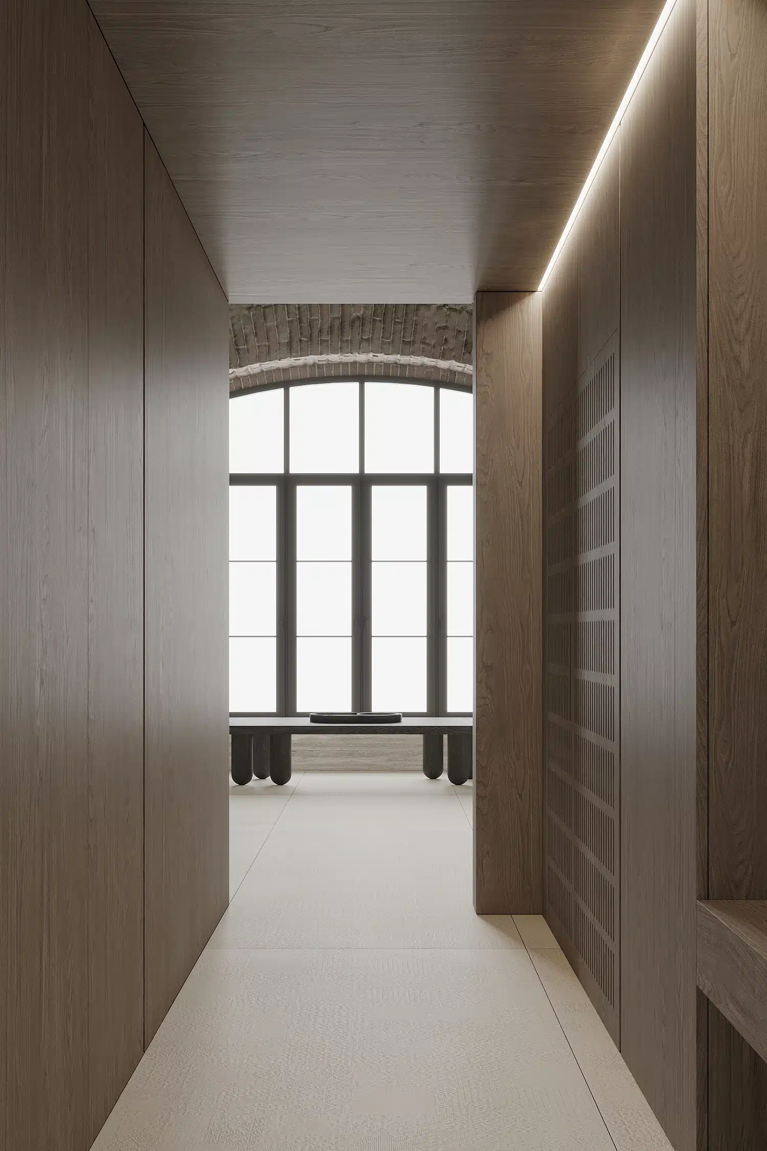 狹長型透天採光優化實景,展示天井與室內色彩計畫引導光線流動的成效。