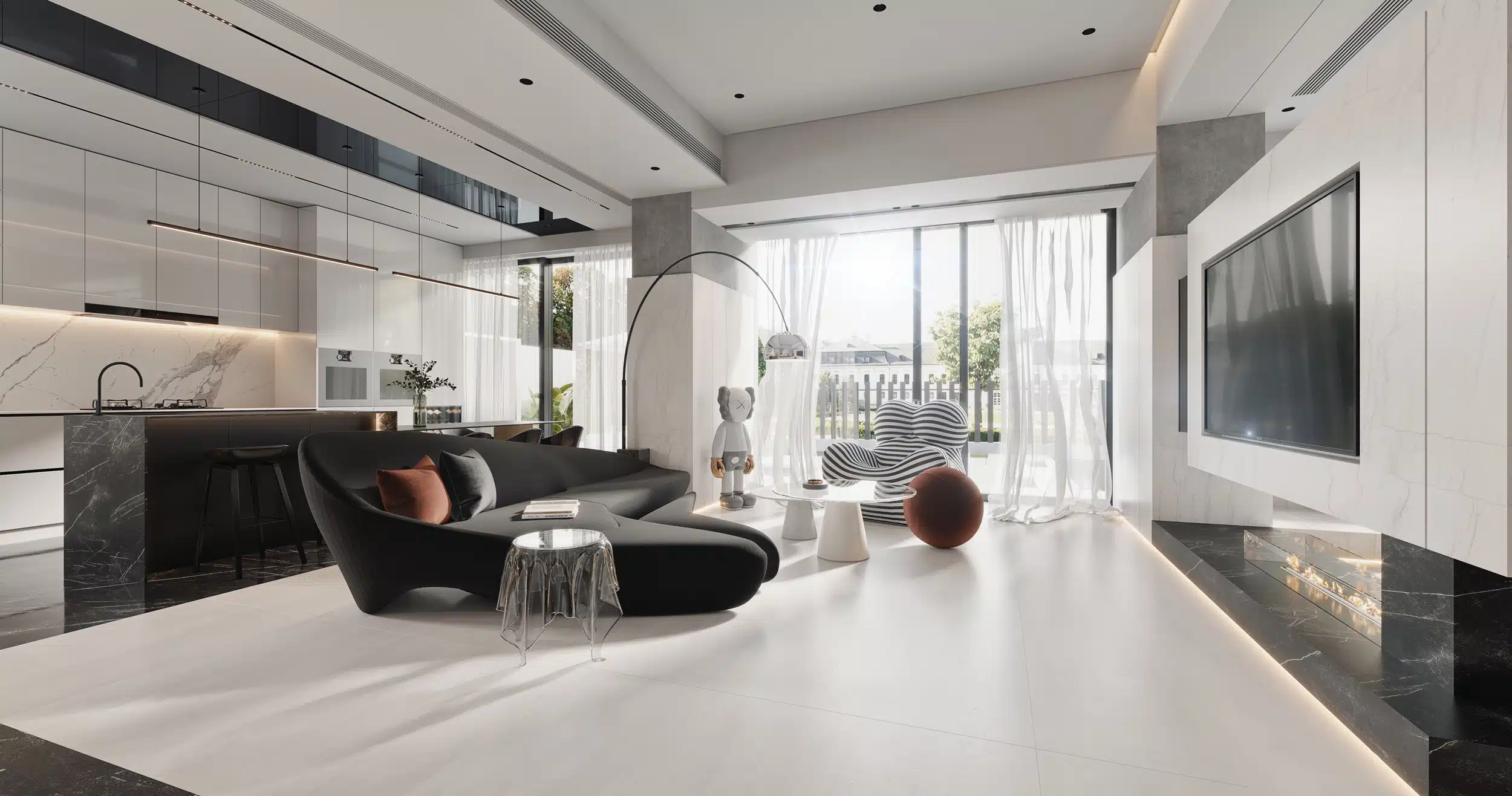 現代簡約風配色設計，以大面積白色牆面為基底，搭配淺灰色石紋地磚與俐落的黑色軌道燈，展現低彩度配色的冷靜與寬敞感。