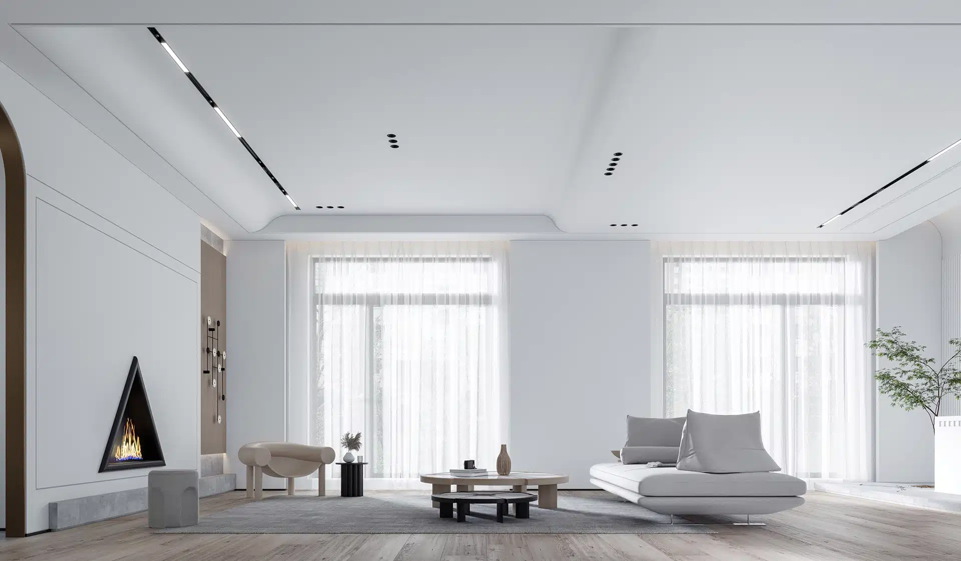 極致極簡風室內空間，全白牆面與無接縫地坪融為一體