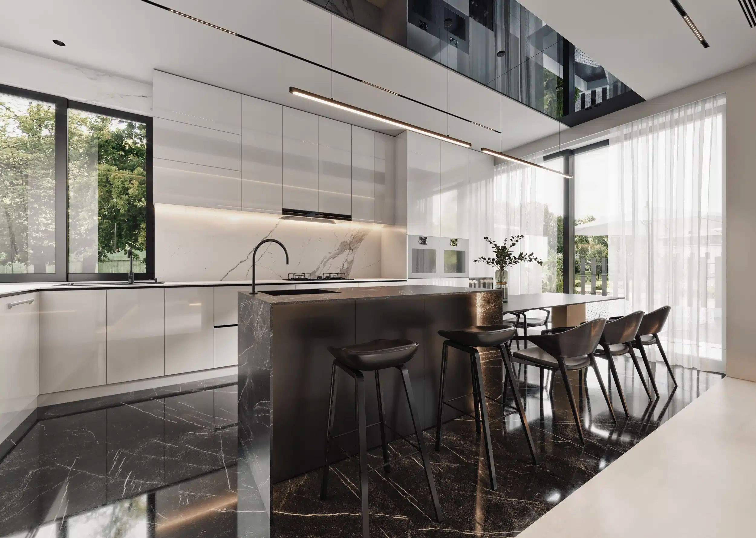 義大利大理石與藝術陶板拼貼的廚房牆面，展現高端建材的紋理層次與奢華細節。