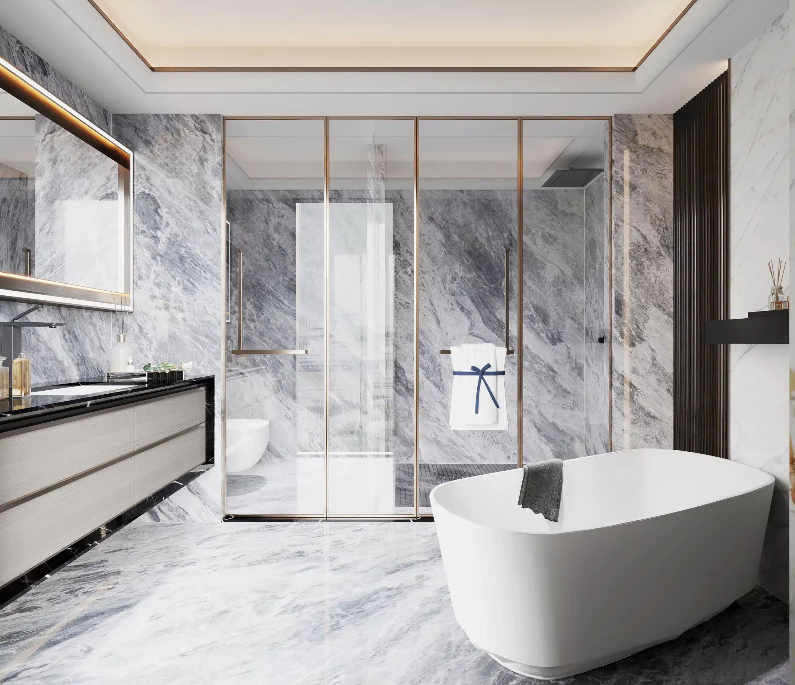 精品飯店奢華衛浴空間設計，配置獨立式浴缸與雙臉盆規劃營造飯店尊榮感