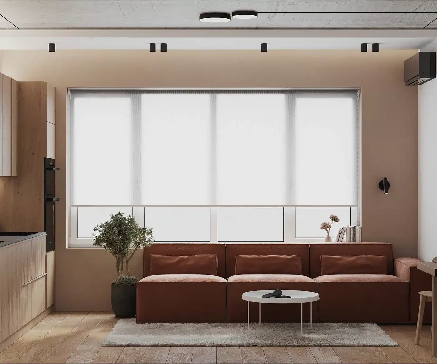 低背沙發與細腳茶几配置圖，展示離地式家具如何讓地板無視覺死角地延展。