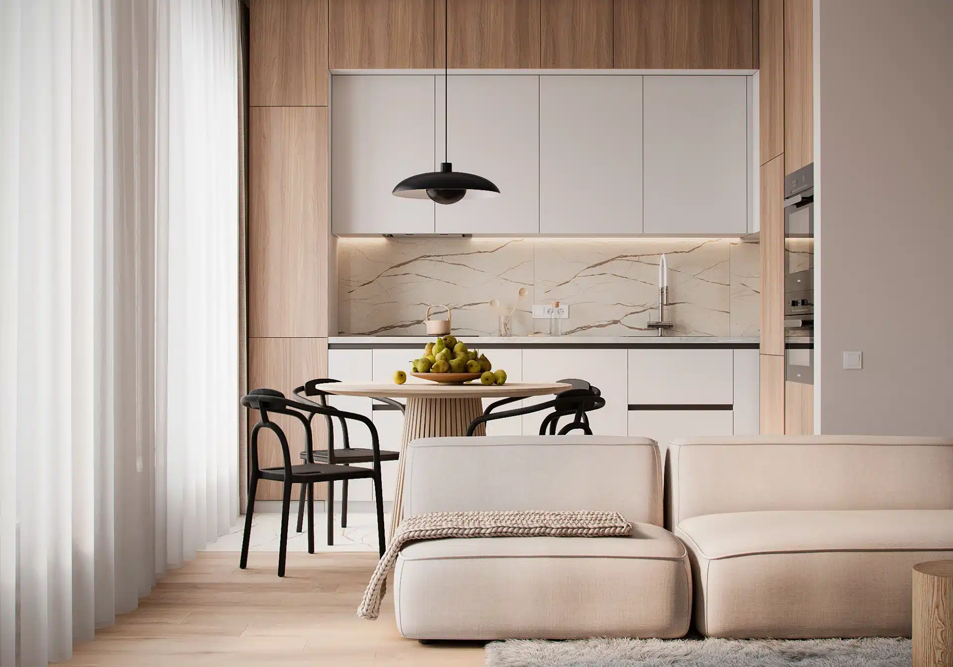 北歐風客廳設計實景,結合溫潤的超耐磨木地板、明亮自然採光與清新跳色軟裝抱枕,呈現溫馨舒適的居家氛圍。