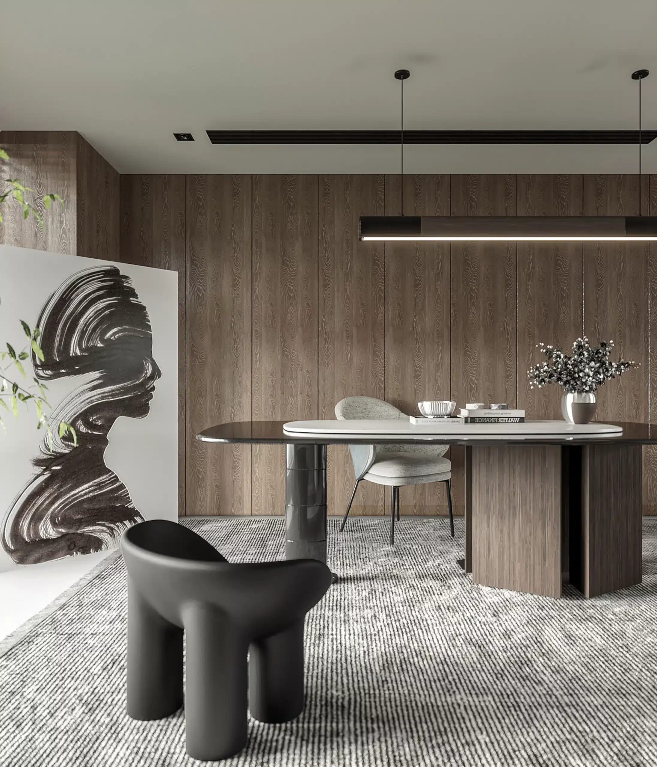 現代簡約風頂天立地收納櫃，採用無縫隙設計銜接天花板與地面，極大化坪效並降低大型櫃體的存在感。