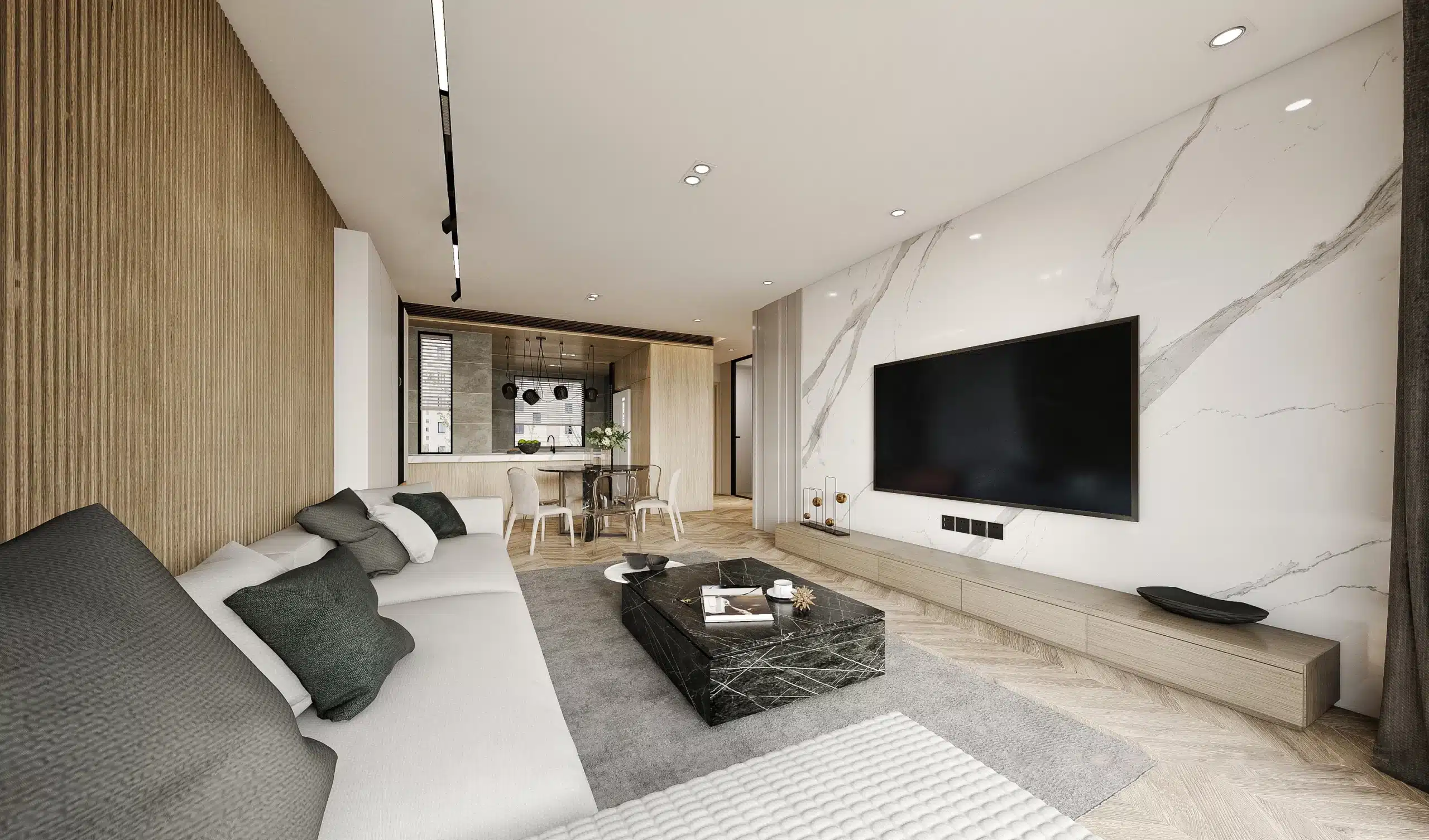 客廳天花板裝修細節,利用平釘設計隱藏冷氣管線。