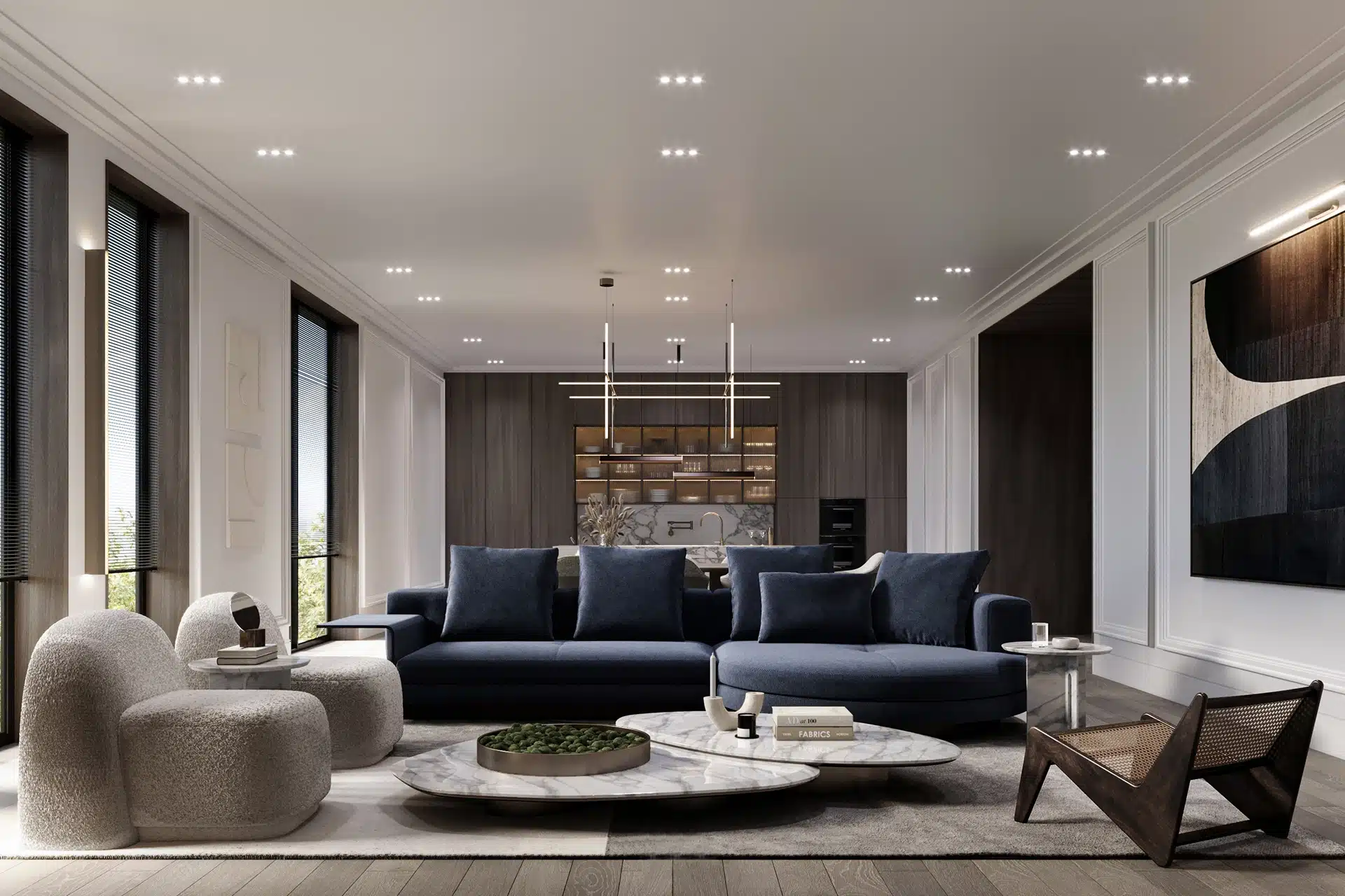 豪宅客廳設計案例：現代風挑高格局搭配天然大理石電視牆與奢華家具佈置