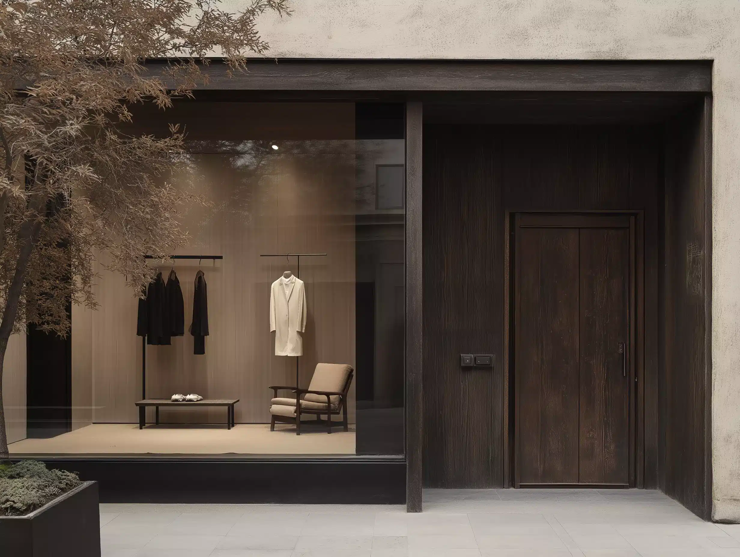 日式侘寂風格服飾店室內設計,強調天然木質、石材與留白質感。