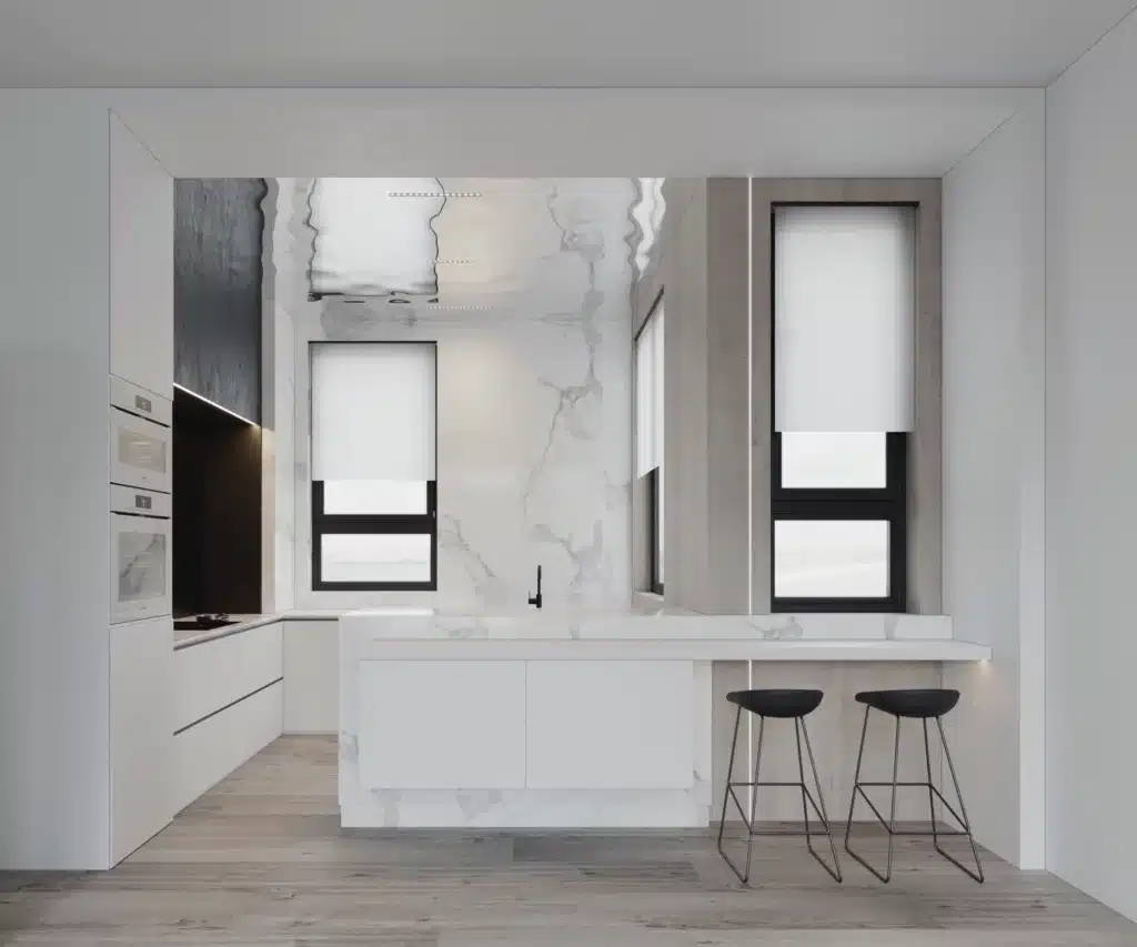 質感奢華的豪宅廚房全景風格圖，呈現美學與機能完美平衡的生活場域。