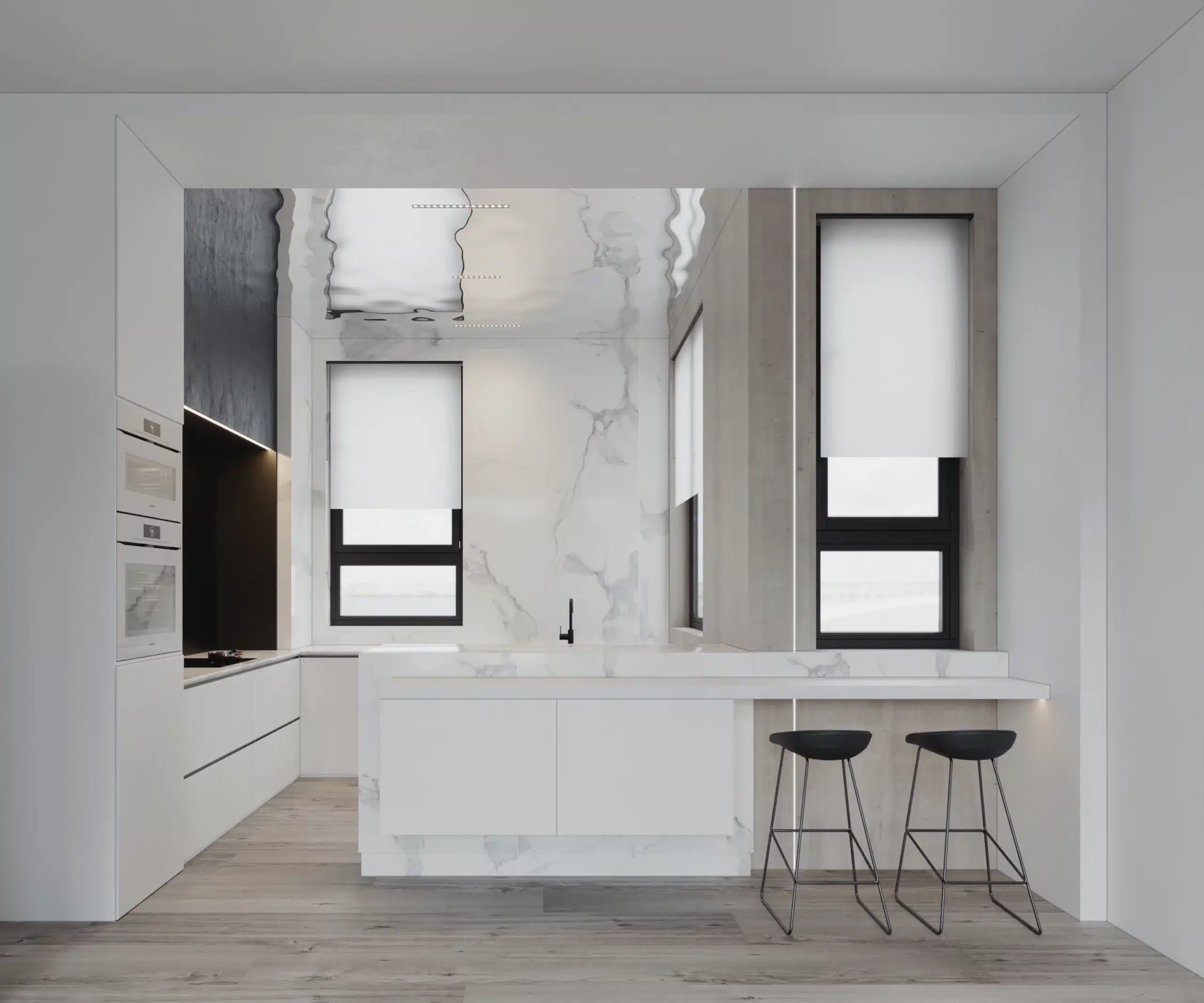 質感奢華的豪宅廚房全景風格圖，呈現美學與機能完美平衡的生活場域。