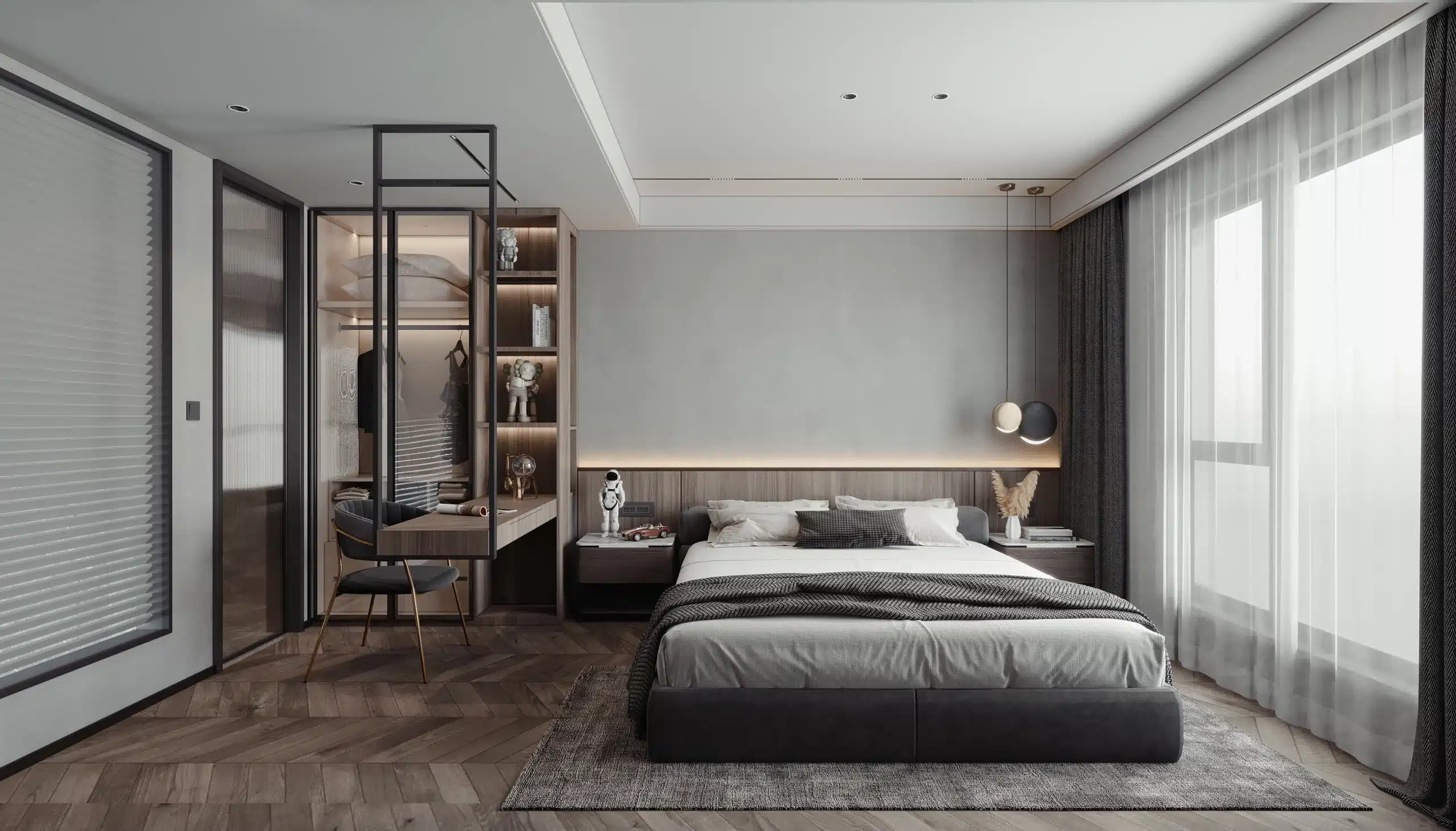 現代簡約風臥室設計，營造出靜謐且具飯店質感的睡眠環境。