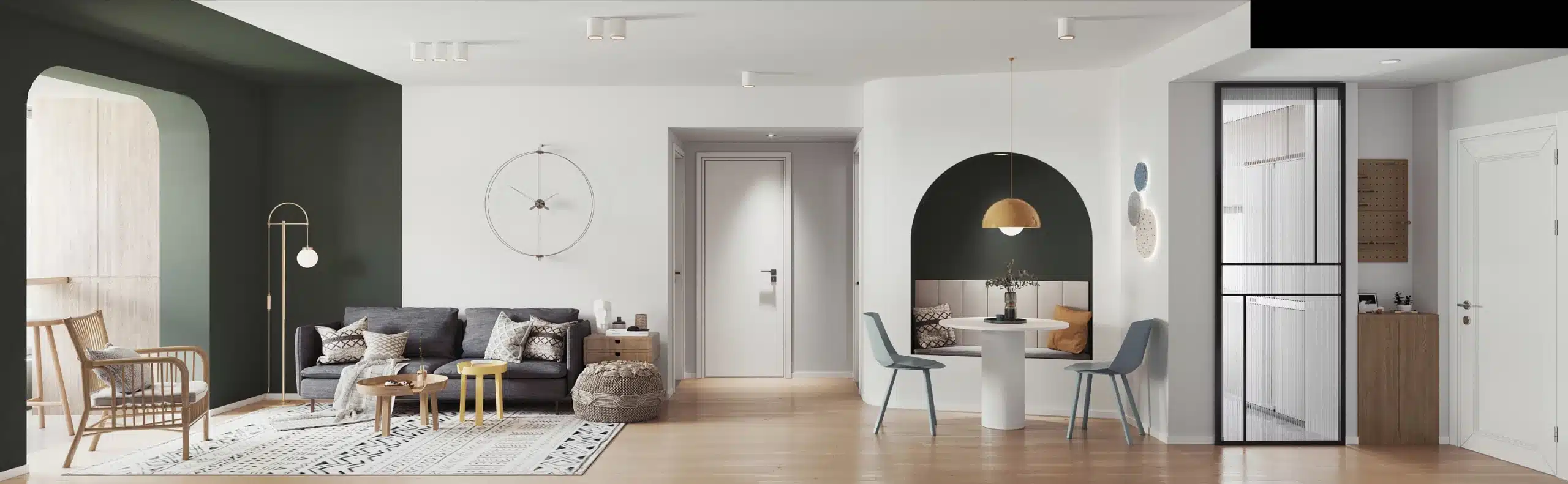 溫馨北歐風客廳佈置,淺色橡木地板上鋪設大型棉麻地毯,搭配灰色布沙發與抱枕點綴