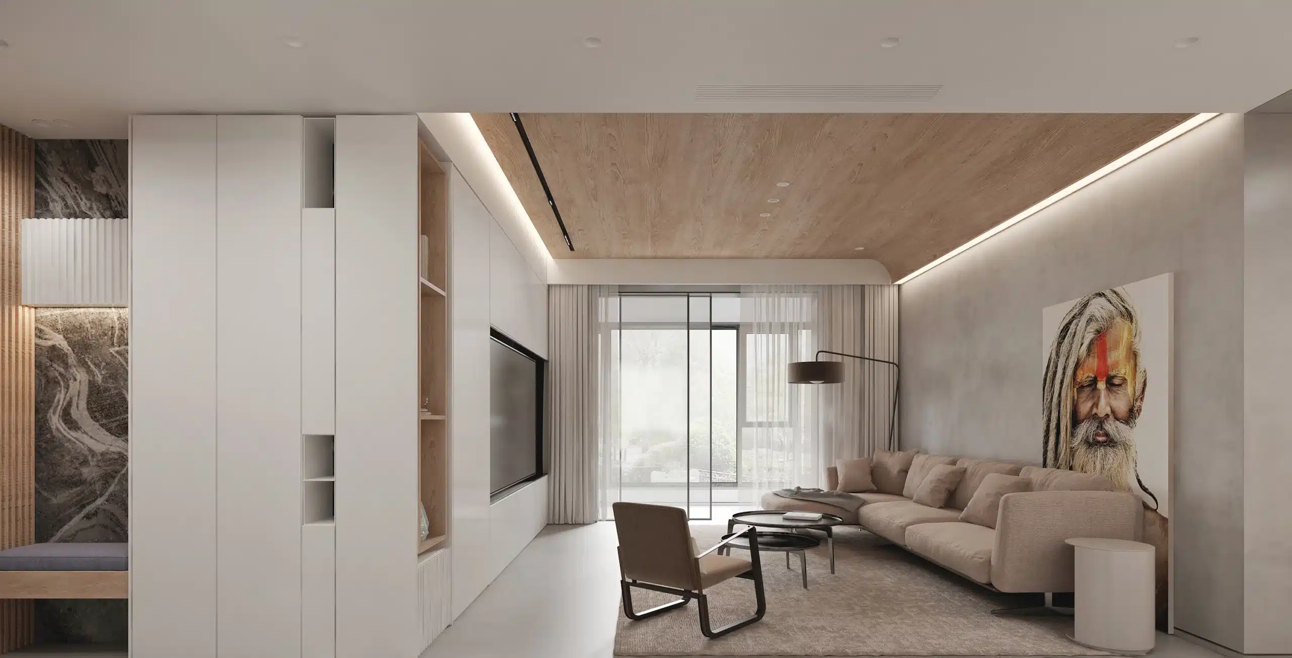 高掛式落地窗簾與大尺寸地毯佈置細節，展示拉高屋高與統整視覺效果的技巧。