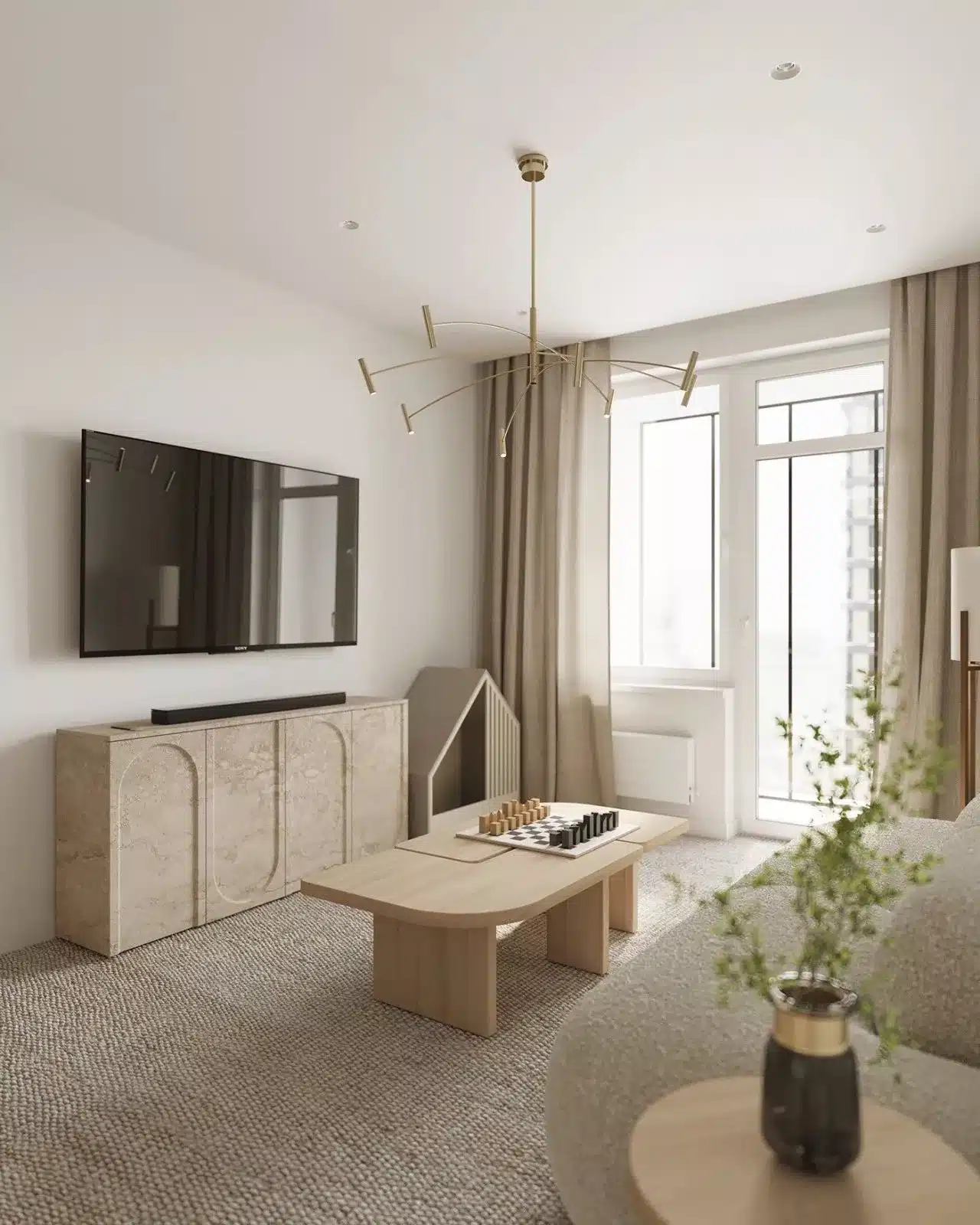 b日式侘寂長型客廳設計,透過原木材質與簡約收納呈現乾淨清爽的室內氛圍。