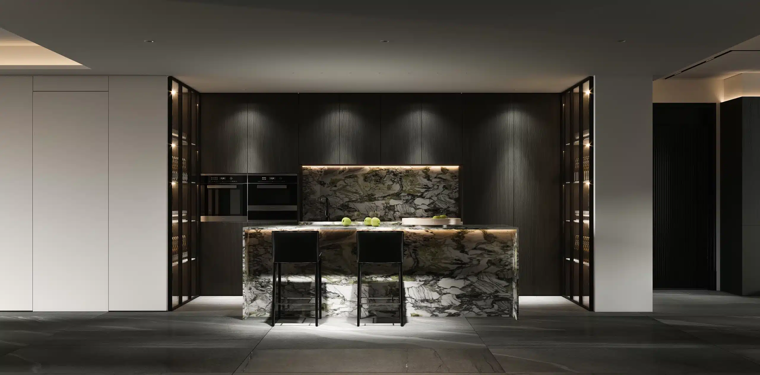 奢華雙中島動線規劃實景，分流備料區與社交吧台功能的機能佈置。