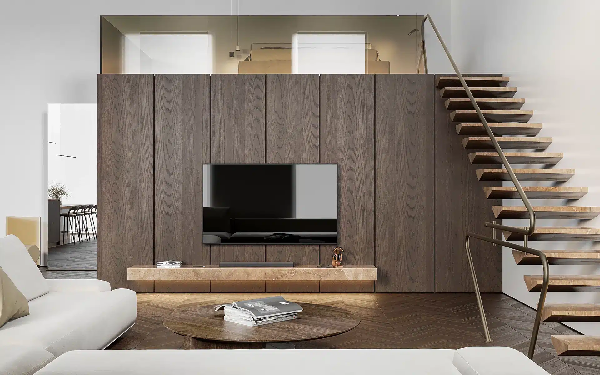 坪數透天裝潢分享,展示如何利用樓梯空間達成極致收納與現代視覺風格。