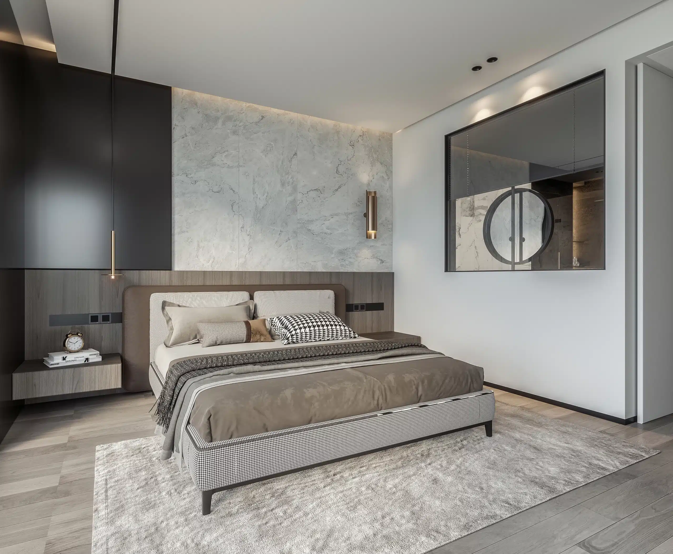 現代簡約風臥室，展示異材質拼接的層次感。床頭背牆結合了白色大理石紋理、深色木質板材與黑色霧面塊體，搭配黃銅色金屬吊燈與黑框玻璃窗，營造出豐富且沉穩的空間深度。