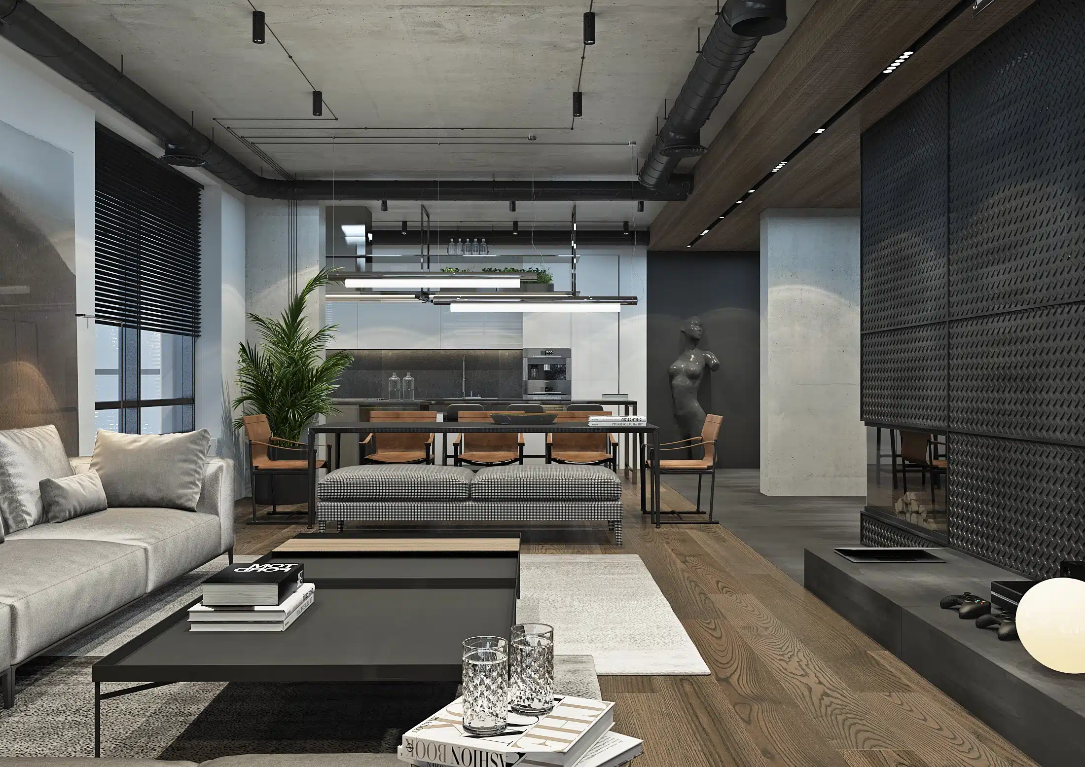 粗獷個性工業風客廳,特色為天花板裸露的黑色管線設計。