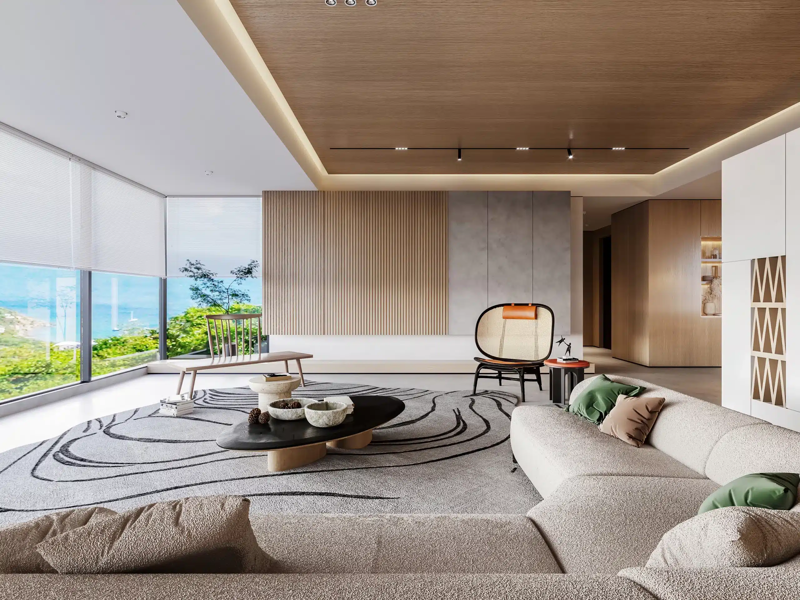 客廳玄關設計,化解穿堂煞並兼具美感與隱私。