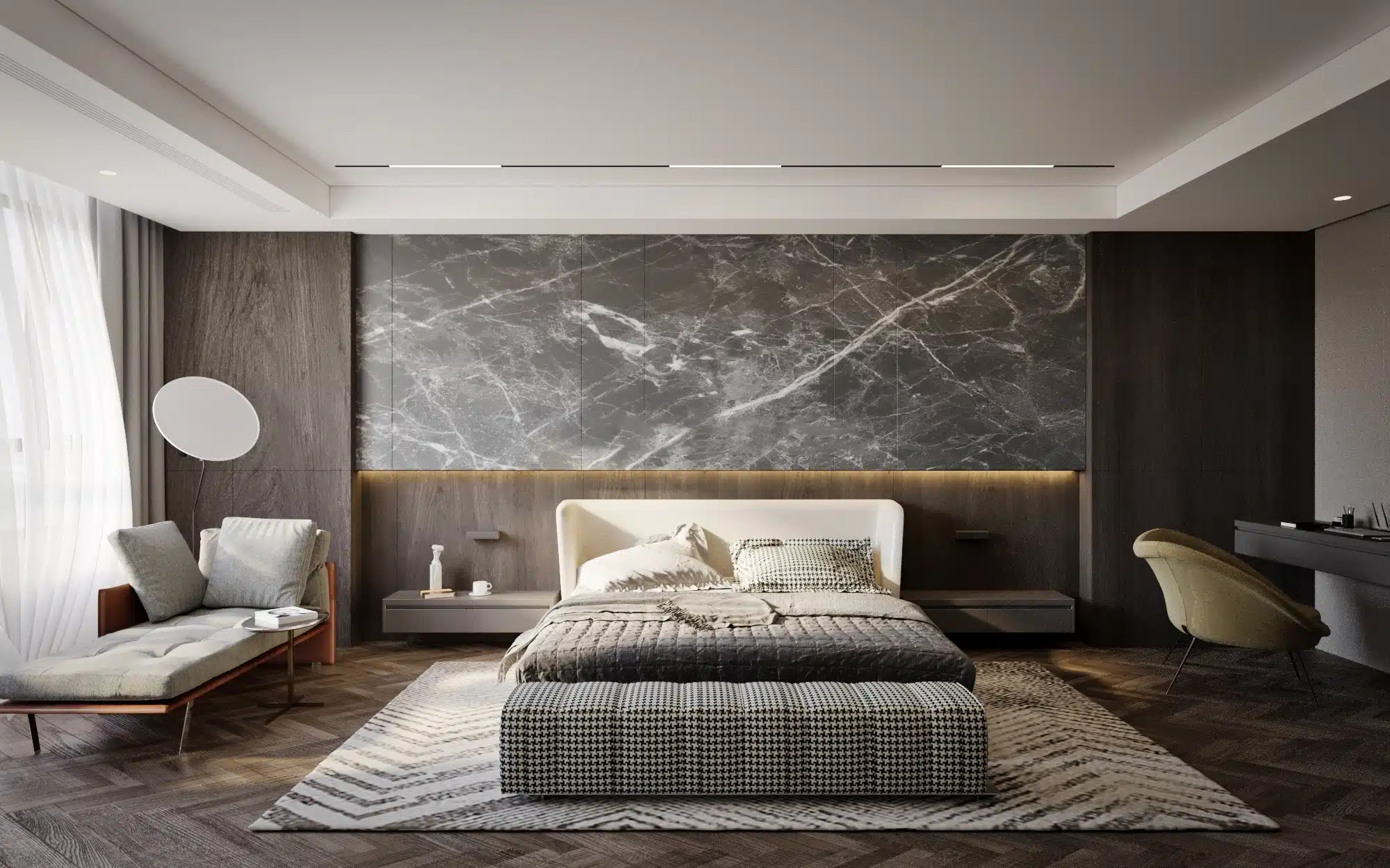奢華飯店旗艦套房室內規劃，採用頂級石材與訂製家具提升 ADR 溢價能力與品牌高度