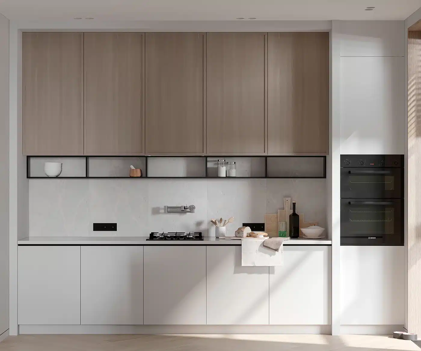 廚房採用經典 「上木下白」雙色櫥櫃 設計，搭配黑色開放式鐵件層板，兼顧美感與收納便利。嵌入式電器櫃設計讓動線更平整安全，非常適合親子共同烘焙與料理，增添互動樂趣。