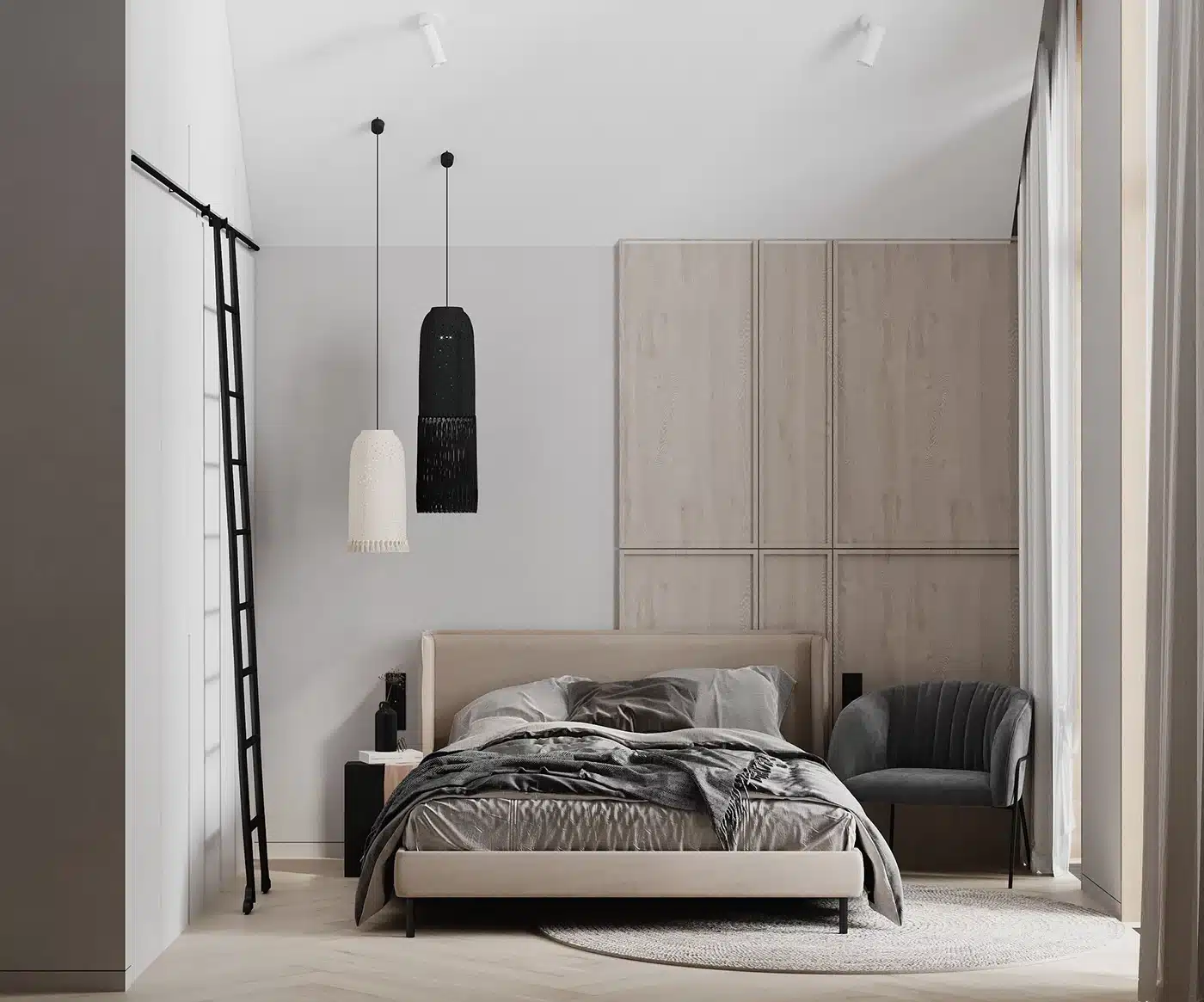 溫馨北歐風臥室，鋪設人字拼木地板，搭配米色繃布床頭與黑色裝飾梯架，營造柔軟舒適的休憩氛圍。