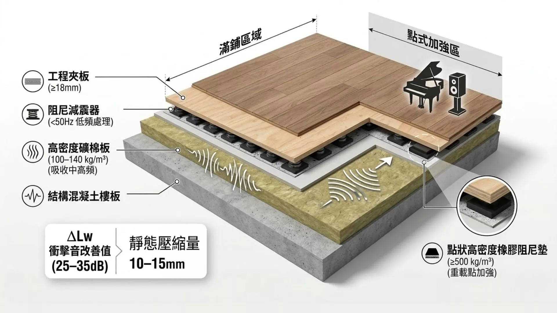 顯示結構樓板、高密度礦棉緩衝層、PE防潮膜、工程夾板分配層與木質面層地板的完整層次結構