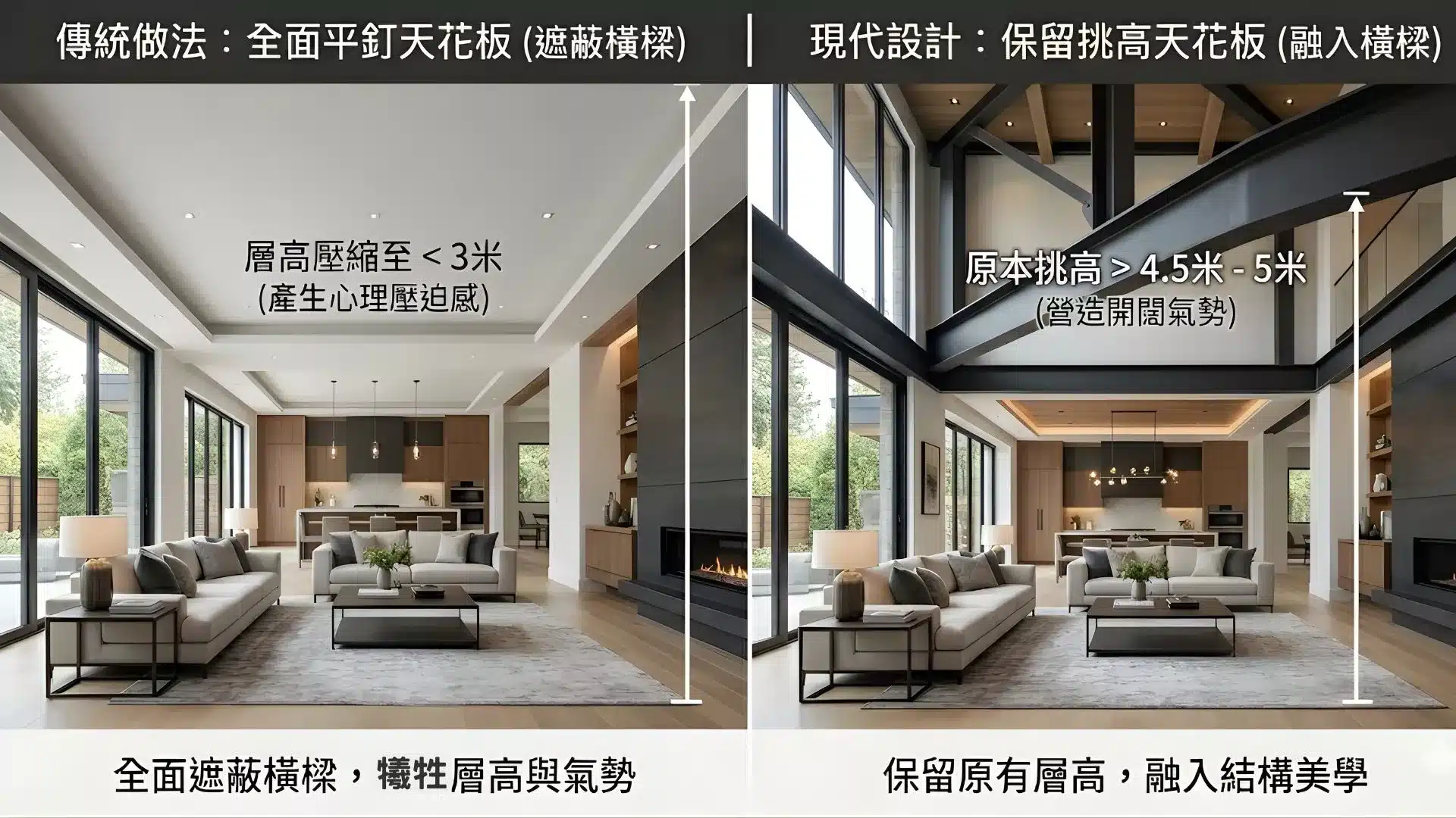 同一空間平釘天花前後對比，展示層高差異對視覺氣度的影響