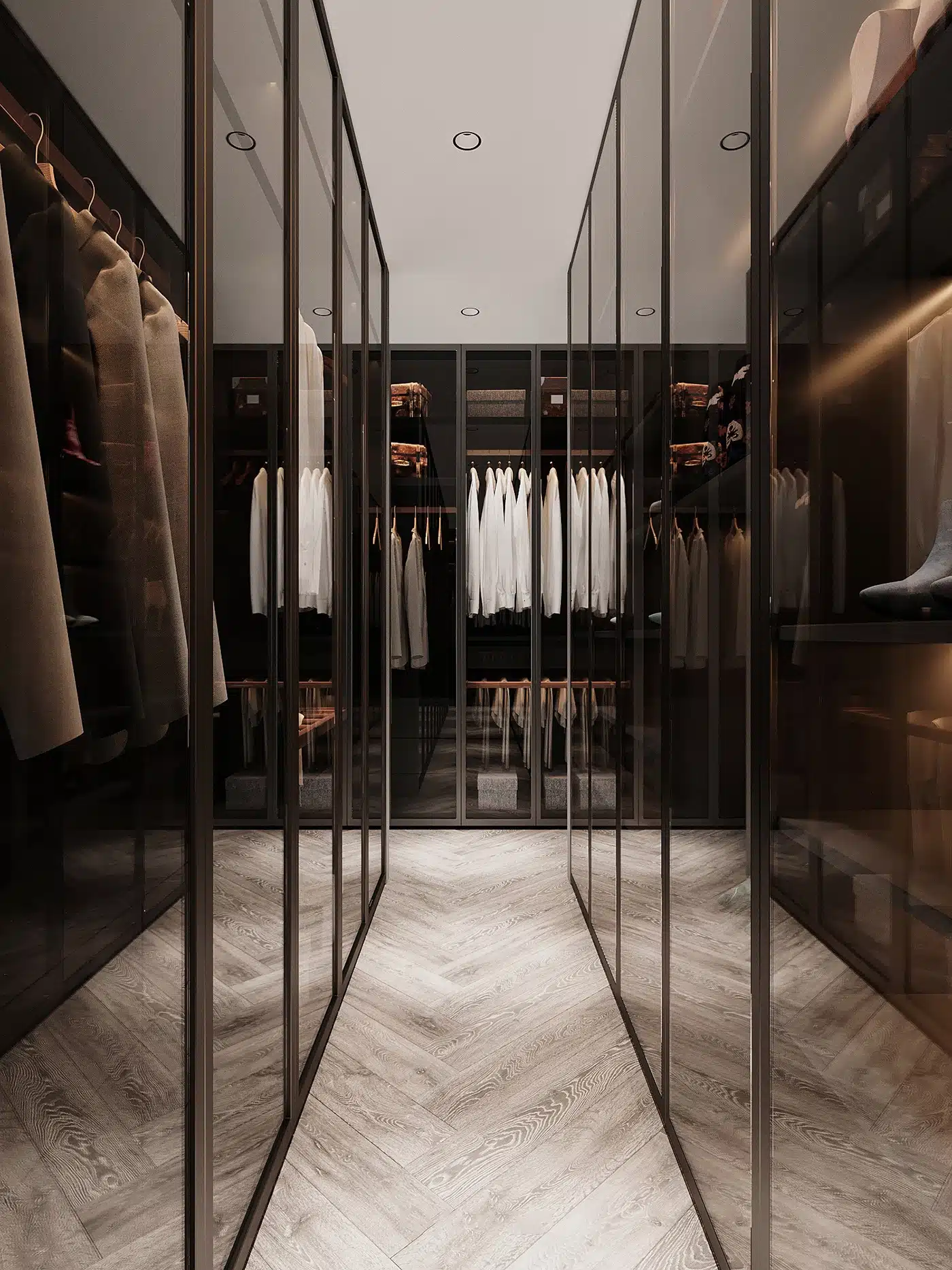 高端衣帽間三層次照明設計示意圖，展示層板底部LED條燈與嵌入式壁龕燈的搭配效果