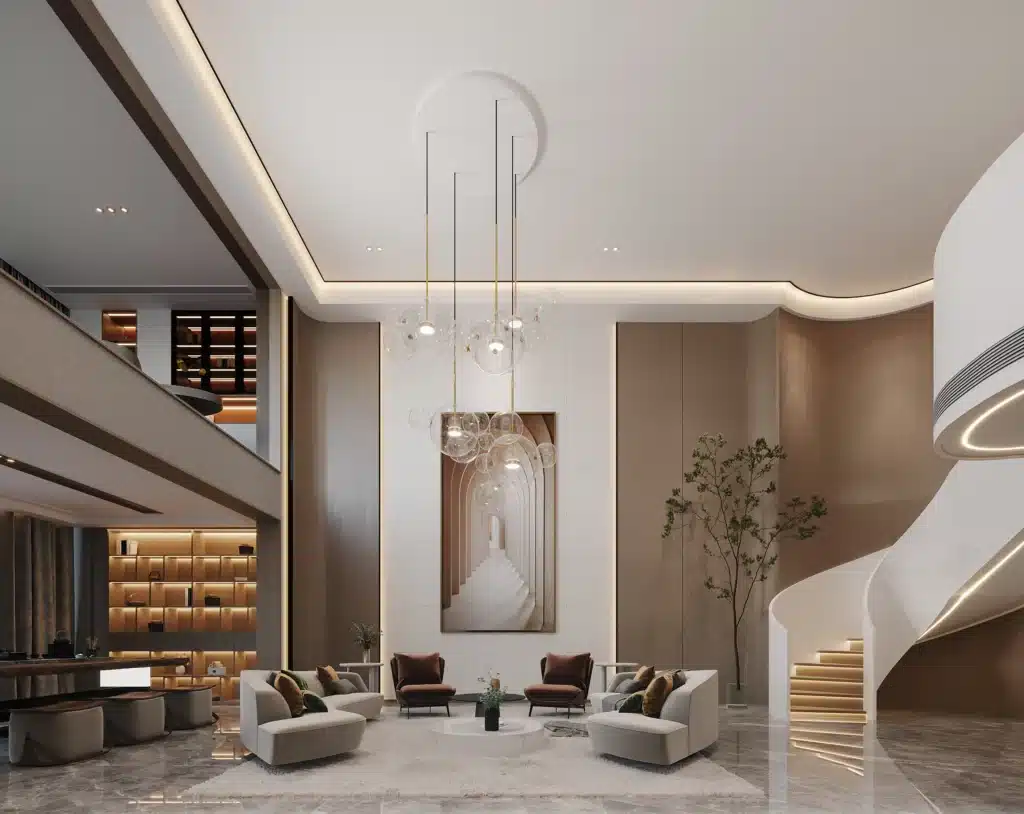 天花板嵌入式洗牆燈將光線均勻打在藝術品展示牆面