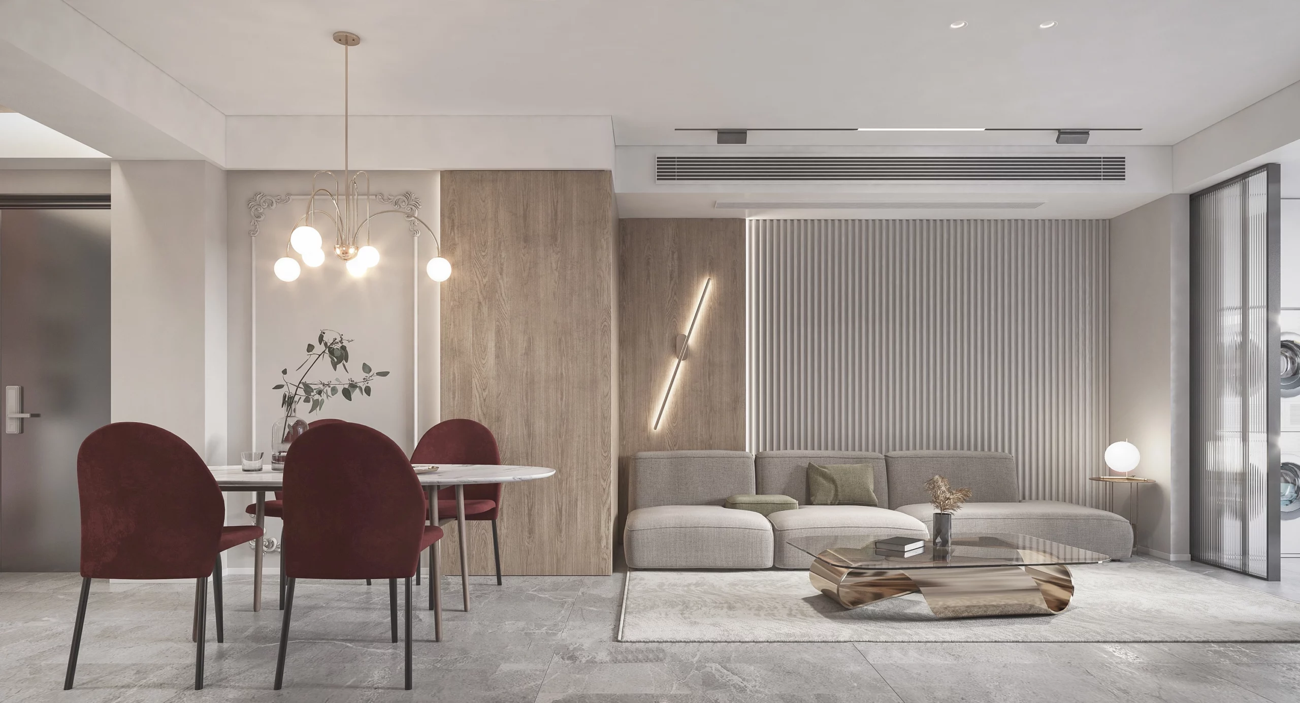 餐吊燈光暈形成隱形場域邊界,與客廳空間自然區隔的示意圖