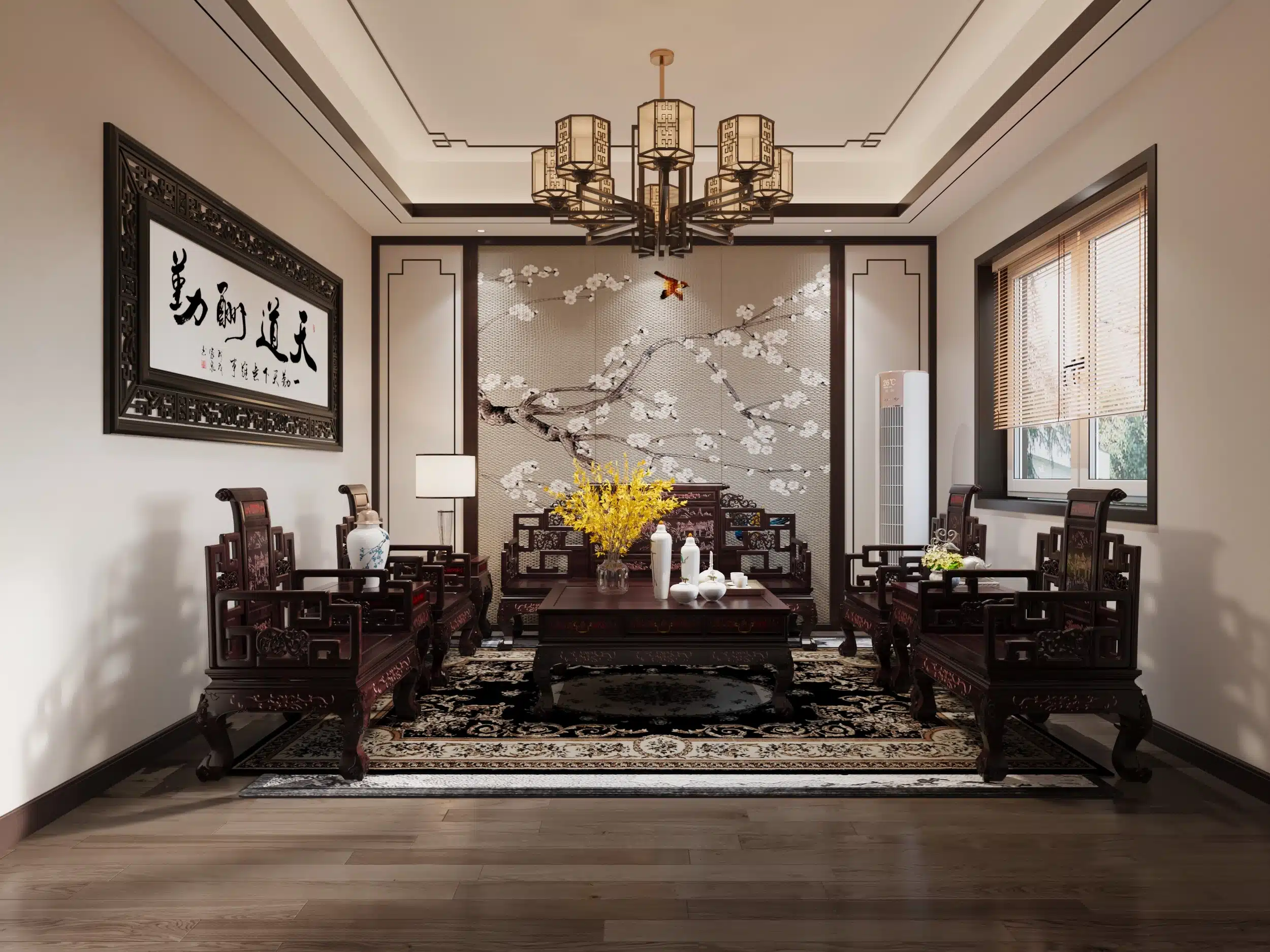 私宅藝廊展示牆採用消光塗料與深色橡木異材質拼接，讓油畫在視覺上浮現為空間主角