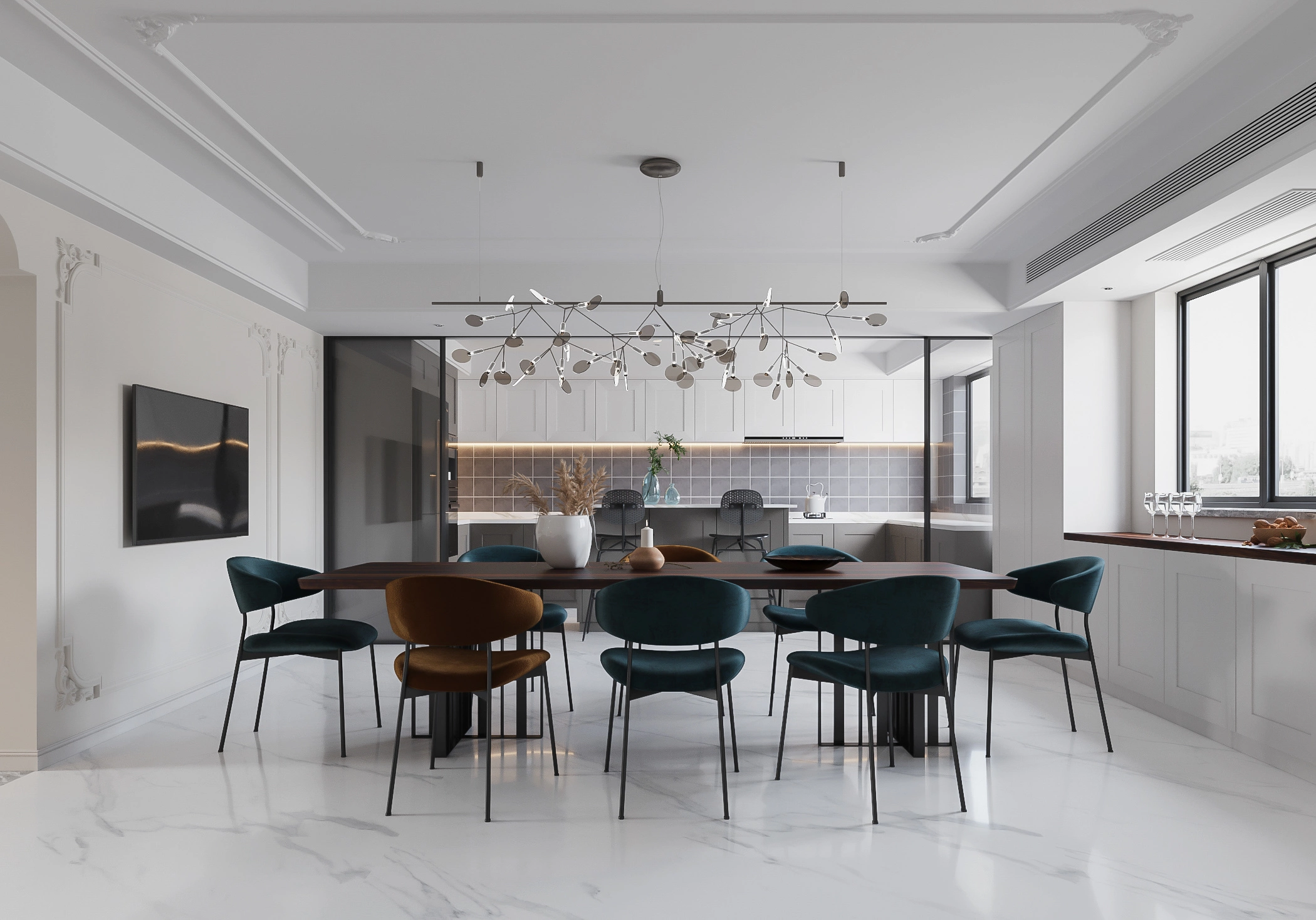 豪宅餐廳設計的異材質搭配示意圖