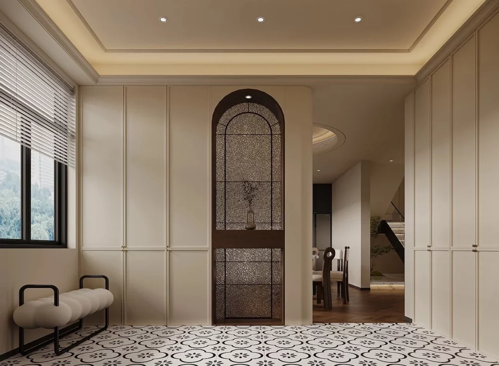 豪宅收納牆異材質搭配效果圖，展示深色皮革、鏡面不鏽鋼線條與木皮三種材質的比例分配與互動關係