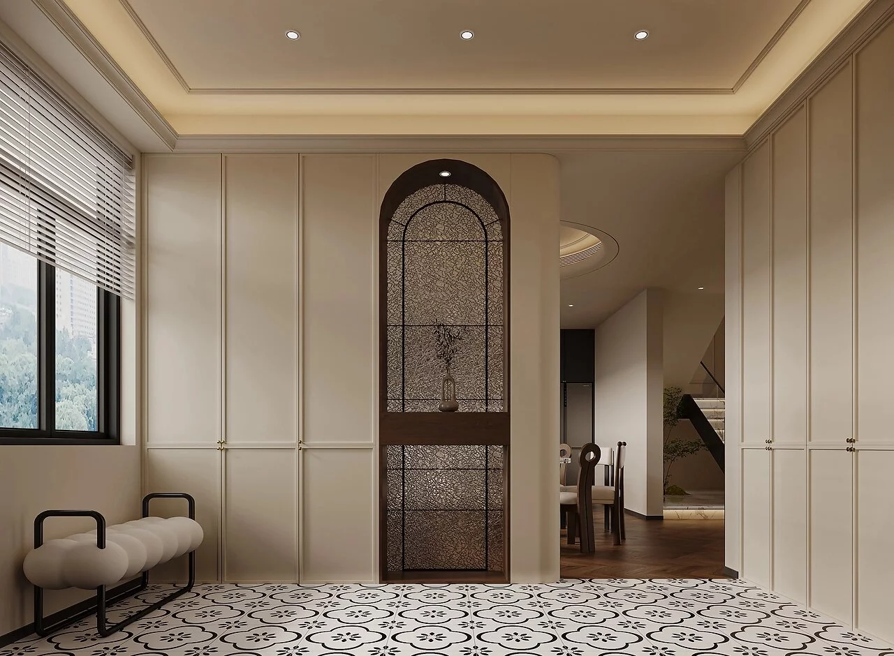 豪宅收納牆異材質搭配效果圖,展示深色皮革、鏡面不鏽鋼線條與木皮三種材質的比例分配與互動關係